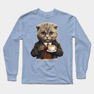 Scottish Fold Cat Drinking Coffee Long Sleeve T-Shirt